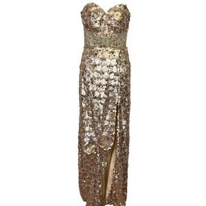 Night Moves Light Gold All Over Sequin Beaded Strapless Formal 6755 Dress Gown 4